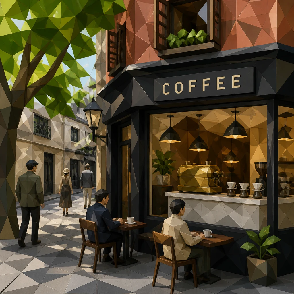 Illustrated neighbourhood café with people talking at outdoor tables