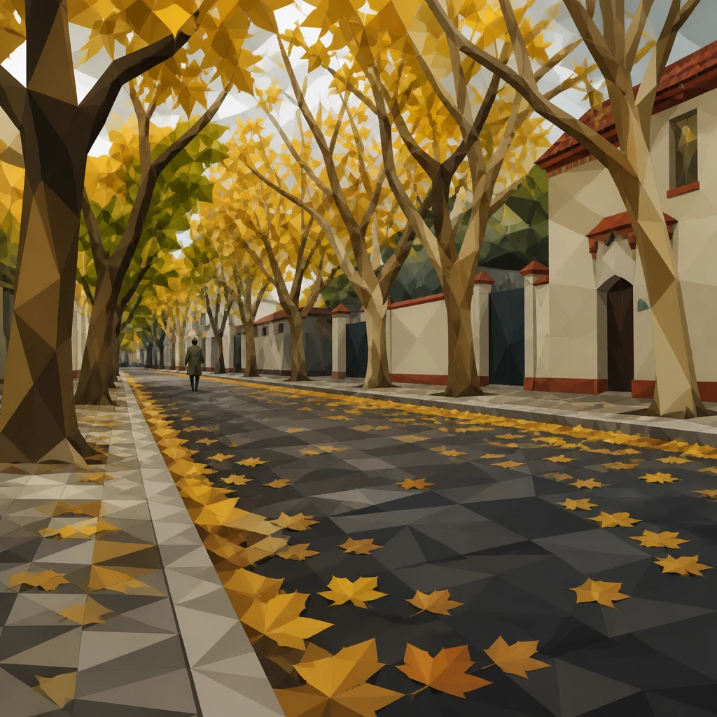Illustrated tree-lined Shanghai street with yellow autumn leaves