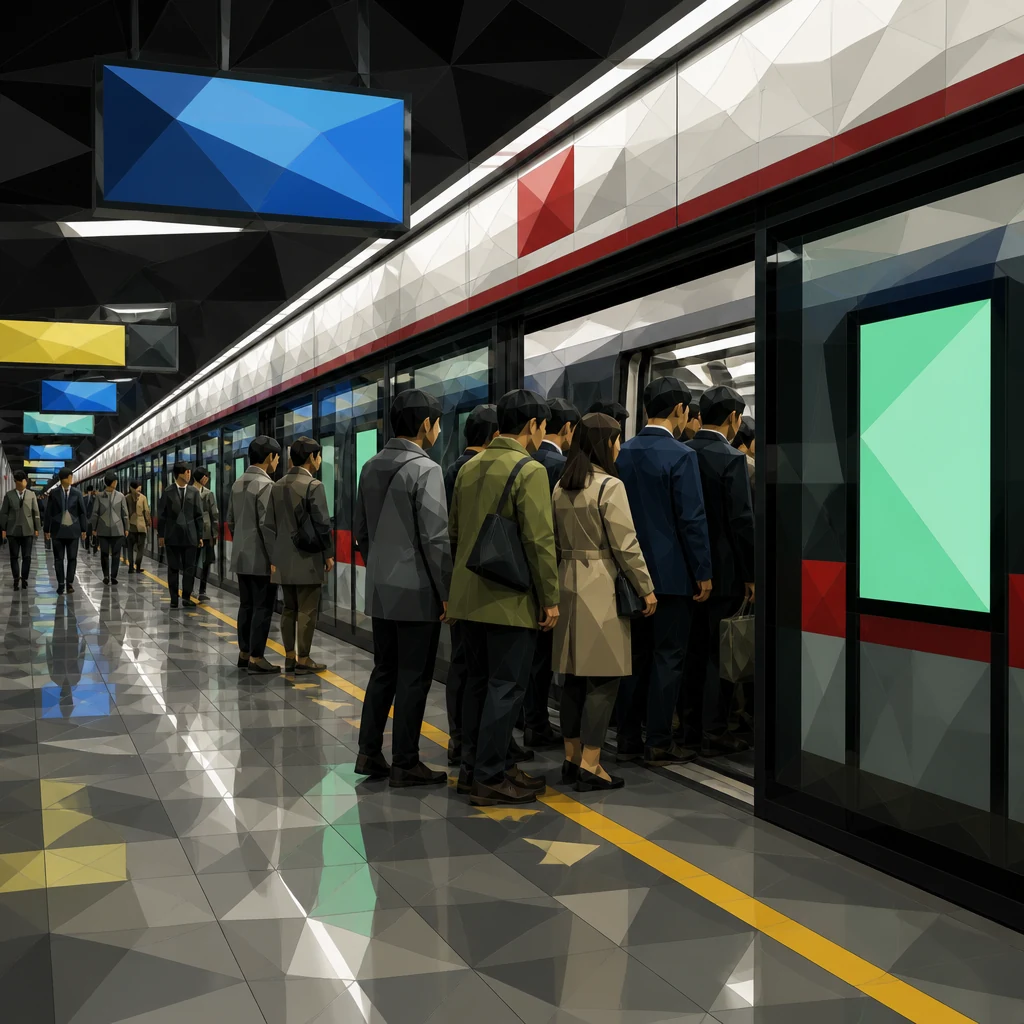 Illustrated commuters waiting to board a metro train