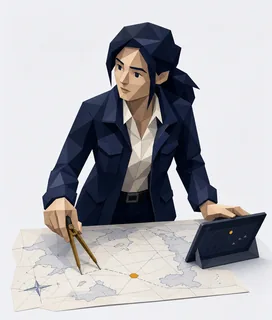 Illustrated teacher planning with a laptop and a map on a desk