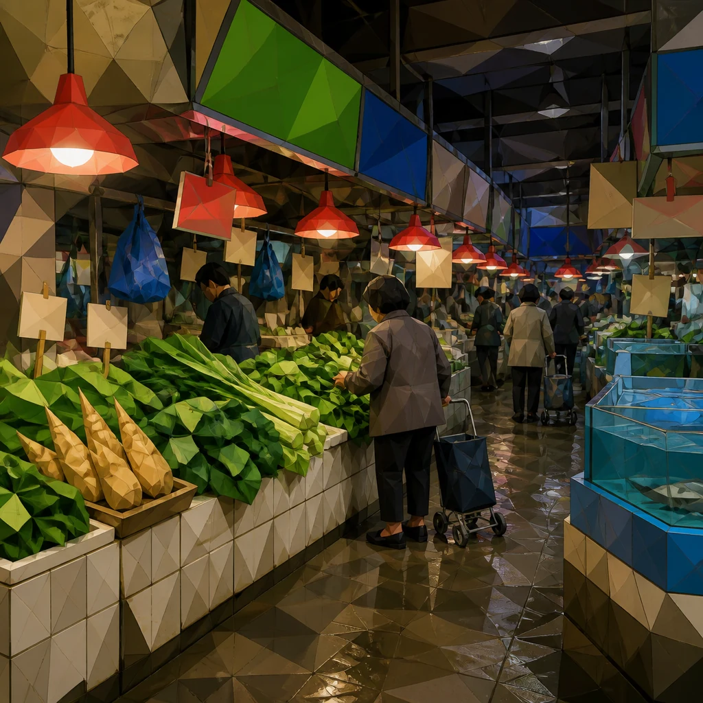 Illustrated shoppers and vegetable stalls inside a neighbourhood market
