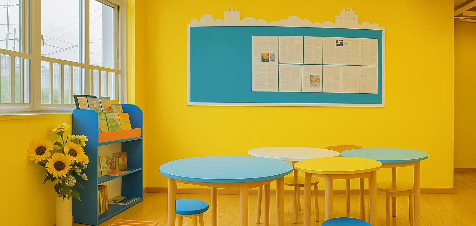 Flying English’s bright classroom, with yellow walls, books and small tables for young learners